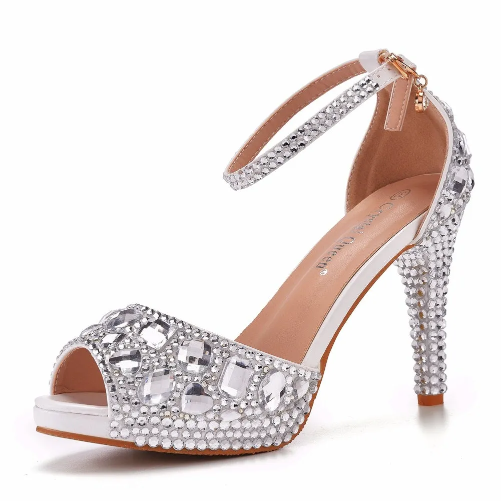 Women rhinestone peep toe wedding prom buckle strap stiletto high heels