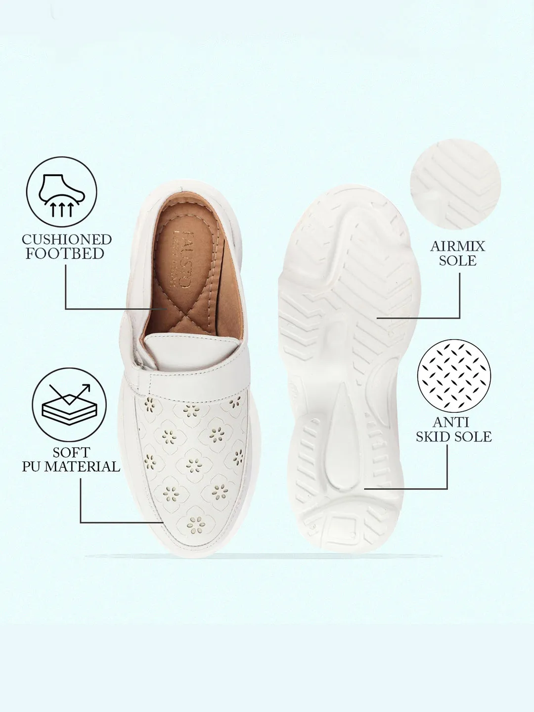 Women White Laser Cut Floral Design Hook and Loop Back Open Slip On Mules Shoes