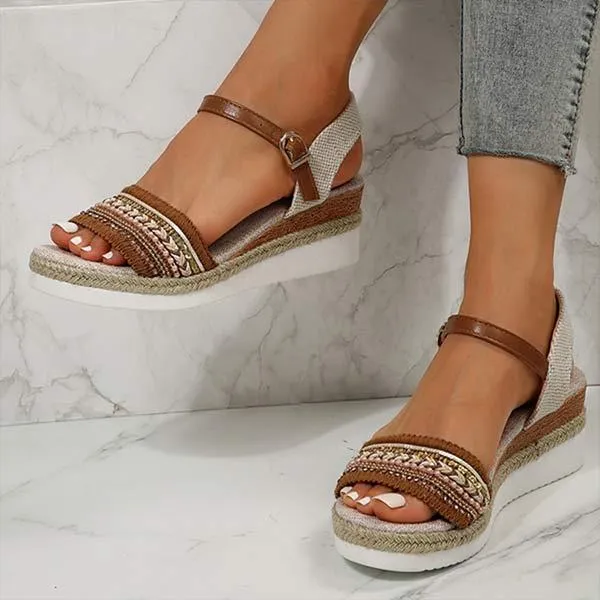 Women's Linen Wedge Sandals with Fish Mouth Design 98756623C