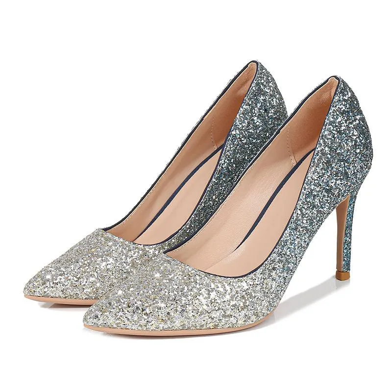 Women's silver rhinestone glitter wedding pumps pointed toe prom party pumps