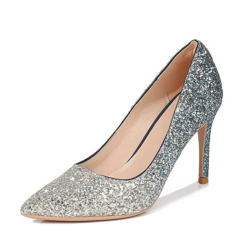 Women's silver rhinestone glitter wedding pumps pointed toe prom party pumps
