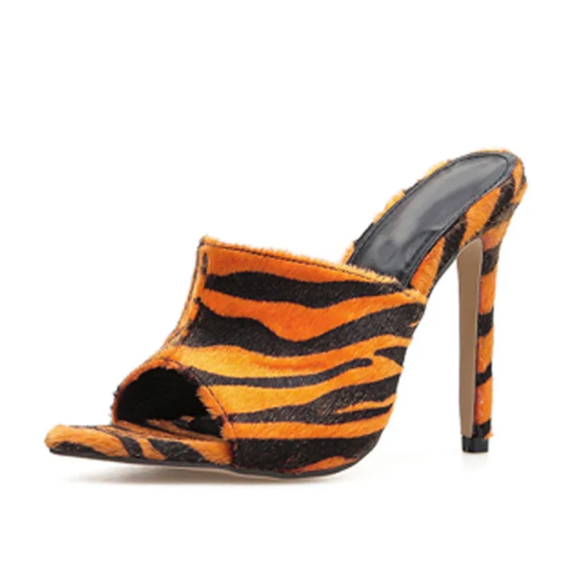 Women's Thin High Heels Leopard Grain Flock Sexy Pointed Sandals